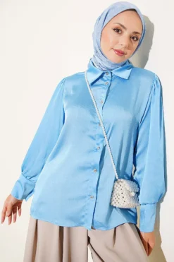 Buttoned Cuff Satin Shirt Blue