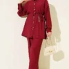 Metal Buttoned Belted Two-Piece Set Burgundy