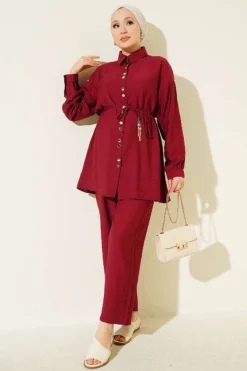 Metal Buttoned Belted Two-Piece Set Burgundy