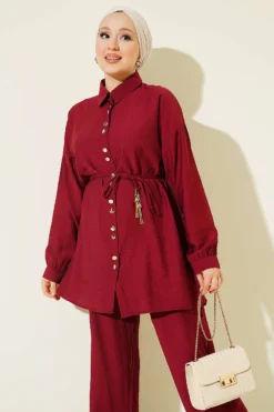 Alternative view of Metal Buttoned Belted Two-Piece Set Burgundy