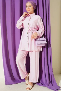 Metal Buttoned Belted Two-Piece Set Pink