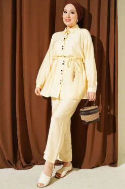 Metal Buttoned Belted Two-Piece Set Yellow
