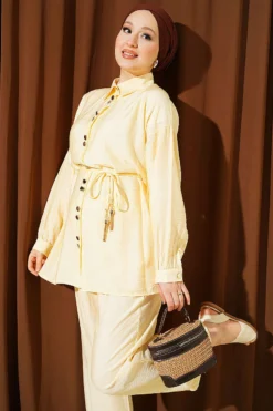 Alternative view of Metal Buttoned Belted Two-Piece Set Yellow