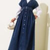 Metal Button Sleeveless Denim Dress Dark Blue