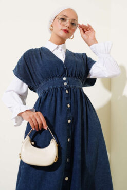 Alternative view of Metal Button Sleeveless Denim Dress Dark Blue