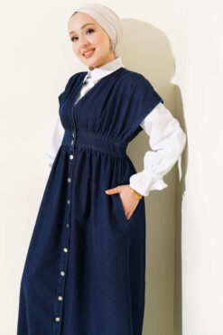 Alternative view of Metal Button Sleeveless Denim Dress Navy Blue