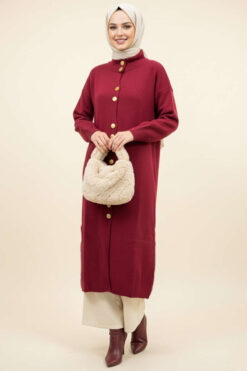 Metal Gold Button Long Knit Cardigan Burgundy