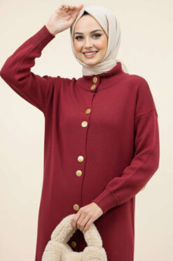 Alternative view of Metal Gold Button Long Knit Cardigan Burgundy