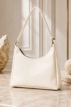 Zippered Women's Handbag with Metal Buckle Cream