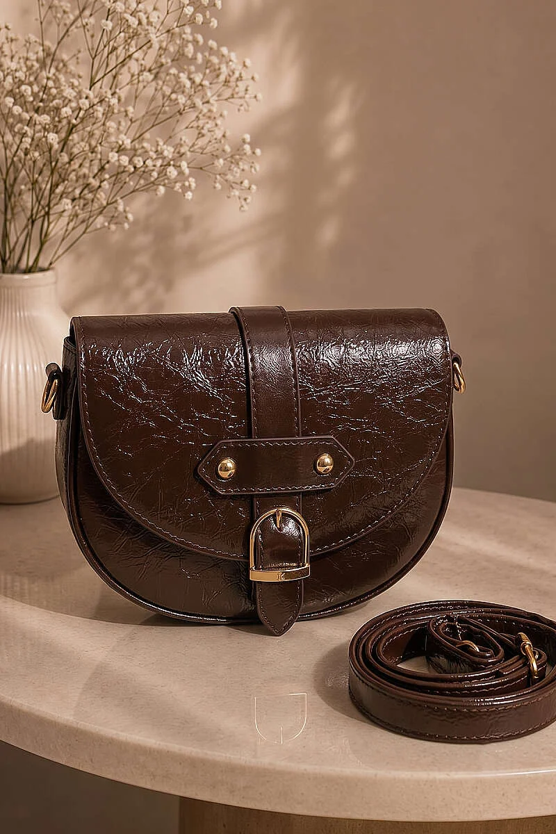 Women’s Magnetic Closure Handbag with Metal Buckle Dark Brown