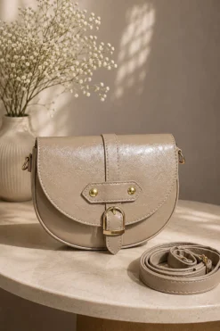 Women’s Magnetic Closure Handbag with Metal Buckle Beige