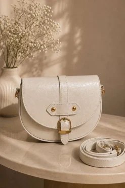 Women’s Magnetic Closure Handbag with Metal Buckle Cream