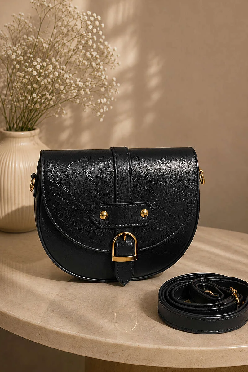 Women’s Magnetic Closure Handbag with Metal Buckle Black