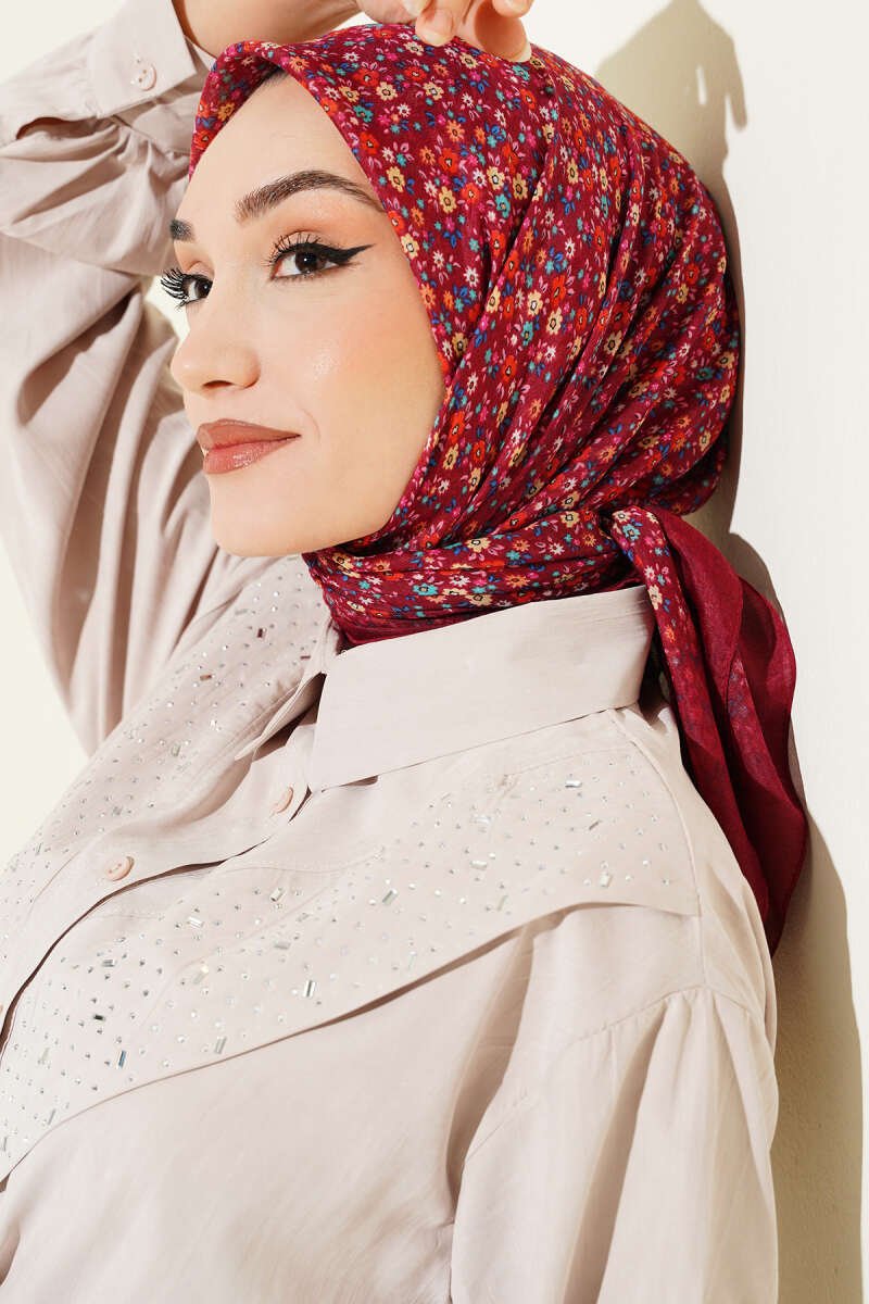Mini Floral Detailed Scarf Burgundy - Image 2