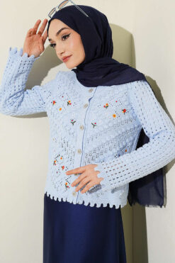 Short Knit Cardigan with Mini Floral Embroidery Blue