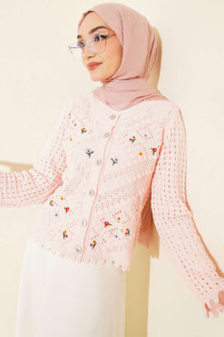 Short Knit Cardigan with Mini Floral Embroidery Pink