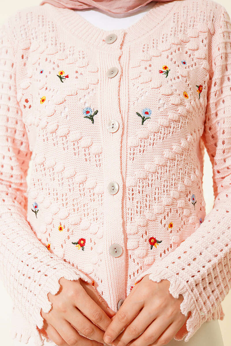 Short Knit Cardigan with Mini Floral Embroidery Pink - Image 4