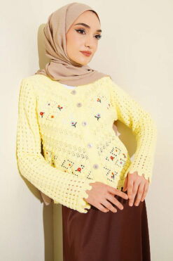 Short Knit Cardigan with Mini Floral Embroidery Yellow