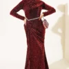 Mini Stone Detailed Evening Dress Burgundy