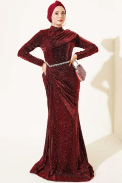Mini Stone Detailed Evening Dress Burgundy