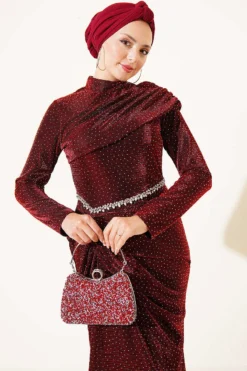 Alternatieve weergave van Mini Stone Detailed Evening Dress Burgundy