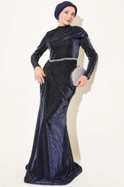 Mini Stone Detailed Evening Dress Navy Blue
