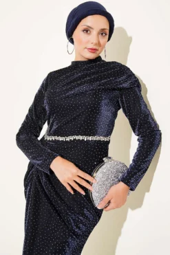 Alternatieve weergave van Mini Stone Detailed Evening Dress Navy Blue