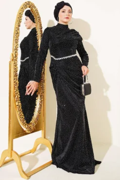 Mini Stone Detailed Evening Dress Black