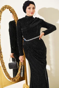 Alternatieve weergave van Mini Stone Detailed Evening Dress Black