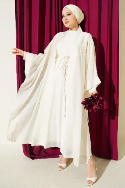 Mini Stone Embellished Abaya Set Ecru