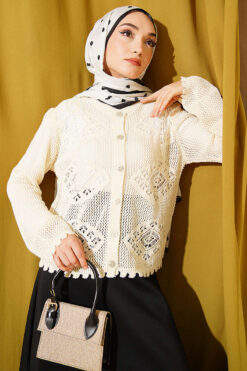 Patterned Openwork Short Cardigan Beige