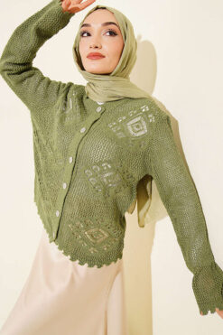 Patterned Openwork Short Cardigan Khaki