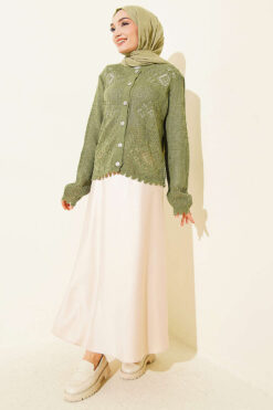 Alternative view of Patterned Openwork Short Cardigan Khaki