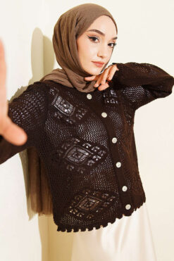 Patterned Openwork Short Cardigan Brown