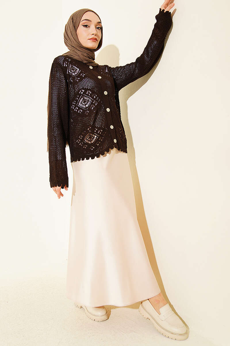 Patterned Openwork Short Cardigan Brown – Image 2