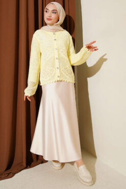 Alternative view of Patterned Openwork Short Cardigan Yellow