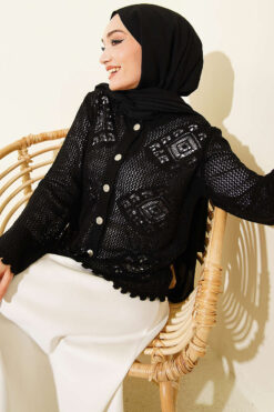 Patterned Openwork Short Cardigan Black