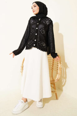 Alternative view of Patterned Openwork Short Cardigan Black