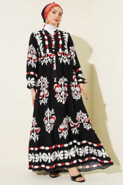 Alternative view of Patterned Design Mandarin Collar Dress Black