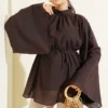 Drawstring Tunic with Gathered Front Detail Brown