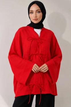 Laced Front Oversize Tulle Kimono Red