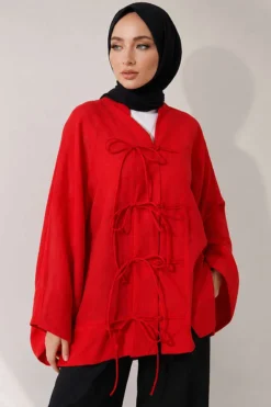 منظر بديل لـ Laced Front Oversize Tulle Kimono Red