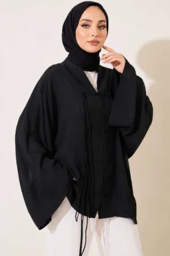 Laced Front Oversize Tulle Kimono Black