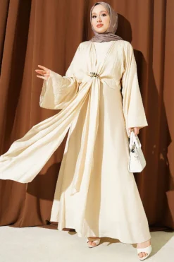 Belted Dress with Gold Buckle Beige
