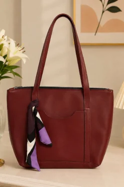 Front Pocket Scarf Detail Shoulder Bag Burgundy