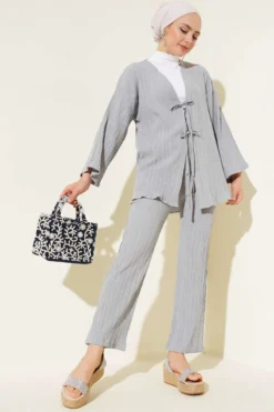 Front Tied Crinkled Two-Piece Set Grey