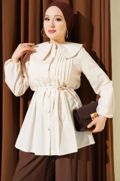 Pleated Front Sailor Collar Shirt Beige