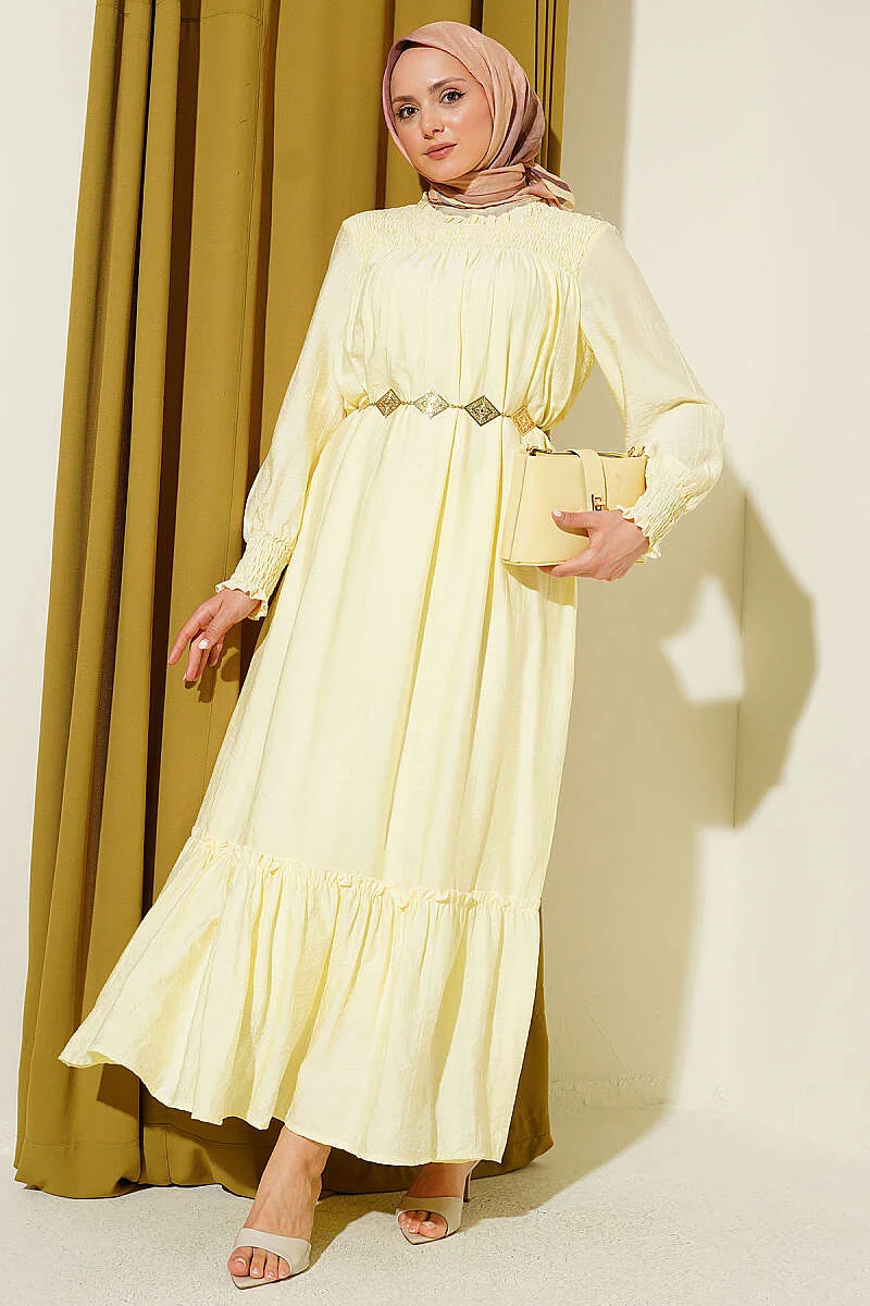 Dress with Ruffled Sleeves and Waist Detail Yellow
