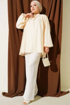 Alternatieve weergave van Embroidered Balloon Sleeve Loose Tunic Beige