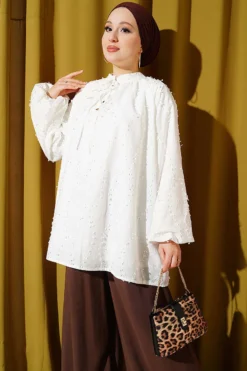 Embroidered Balloon Sleeve Loose Tunic White